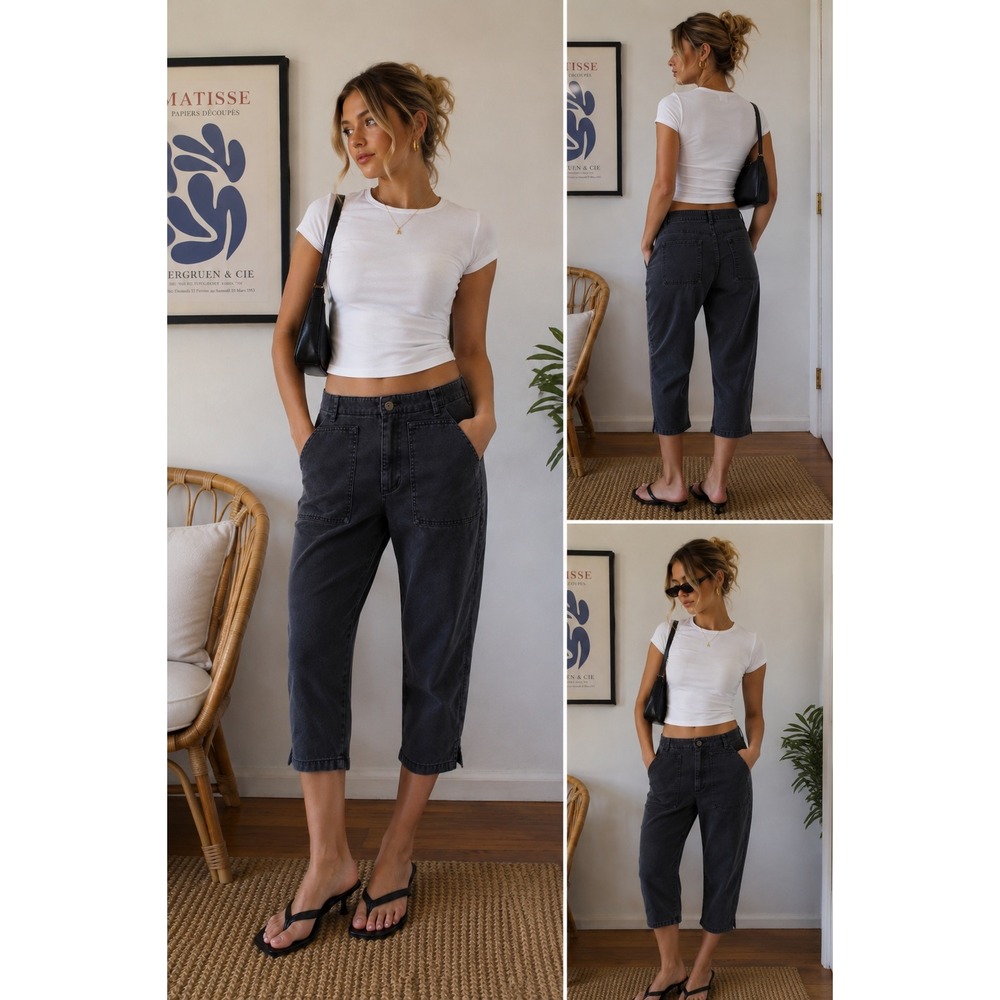VTG Liz Claiborne Womens Black Cotton High Rise Patch Pocket Capri Pants 4